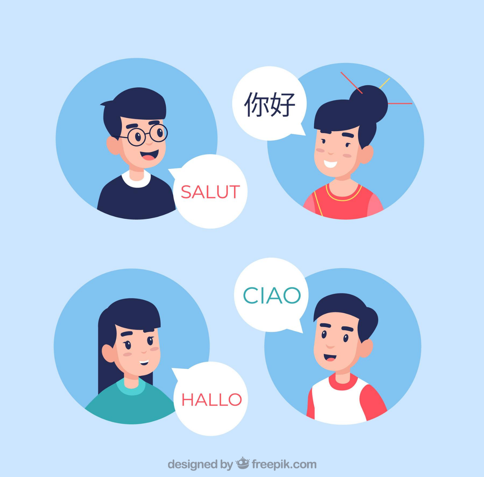 Graphic of four students saying hello in four languages.