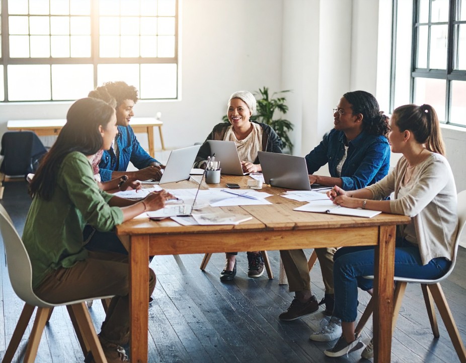 A group of people discussing the topic of the month