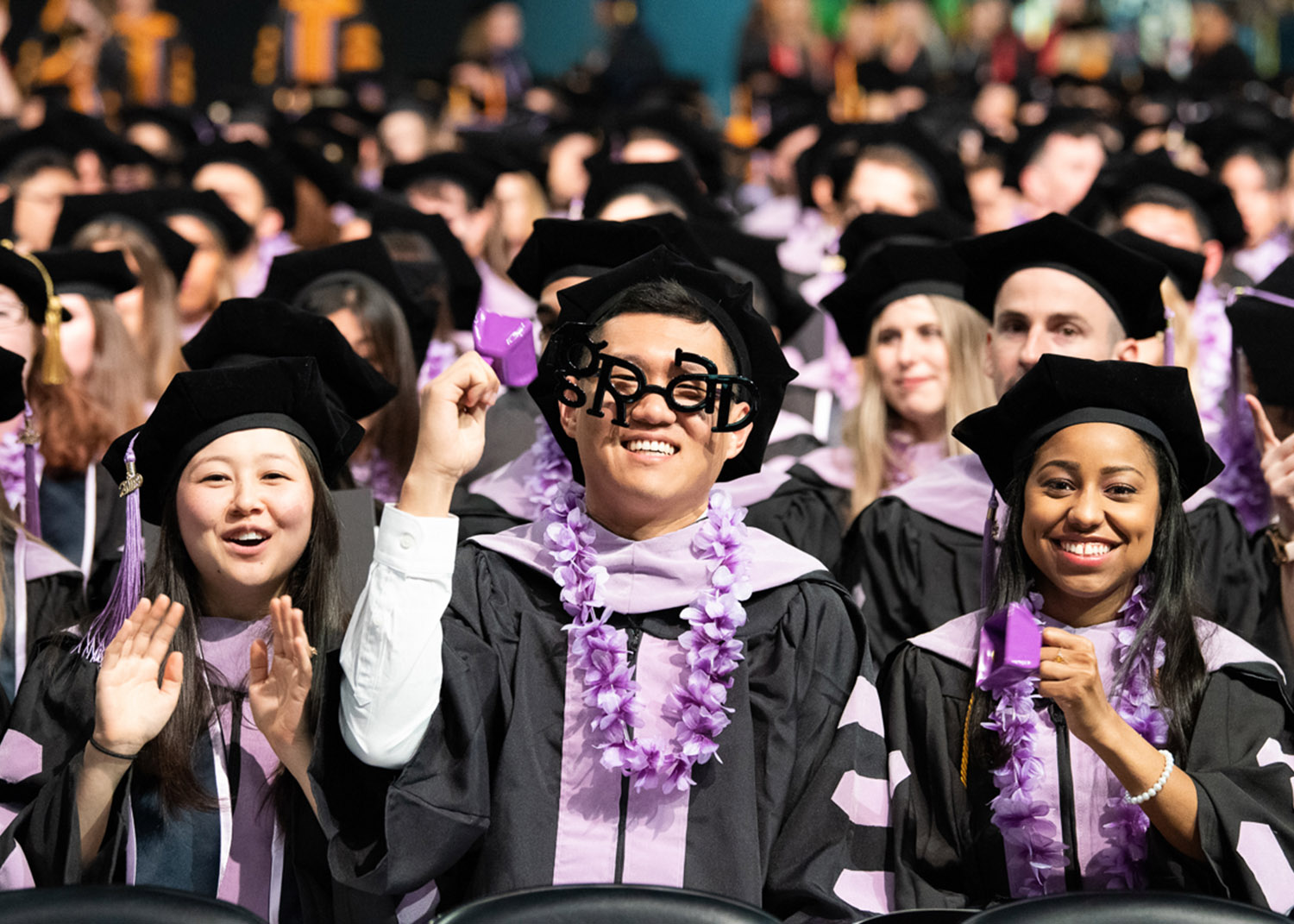 a crowd of university graduates during commencement smiling and joyful
