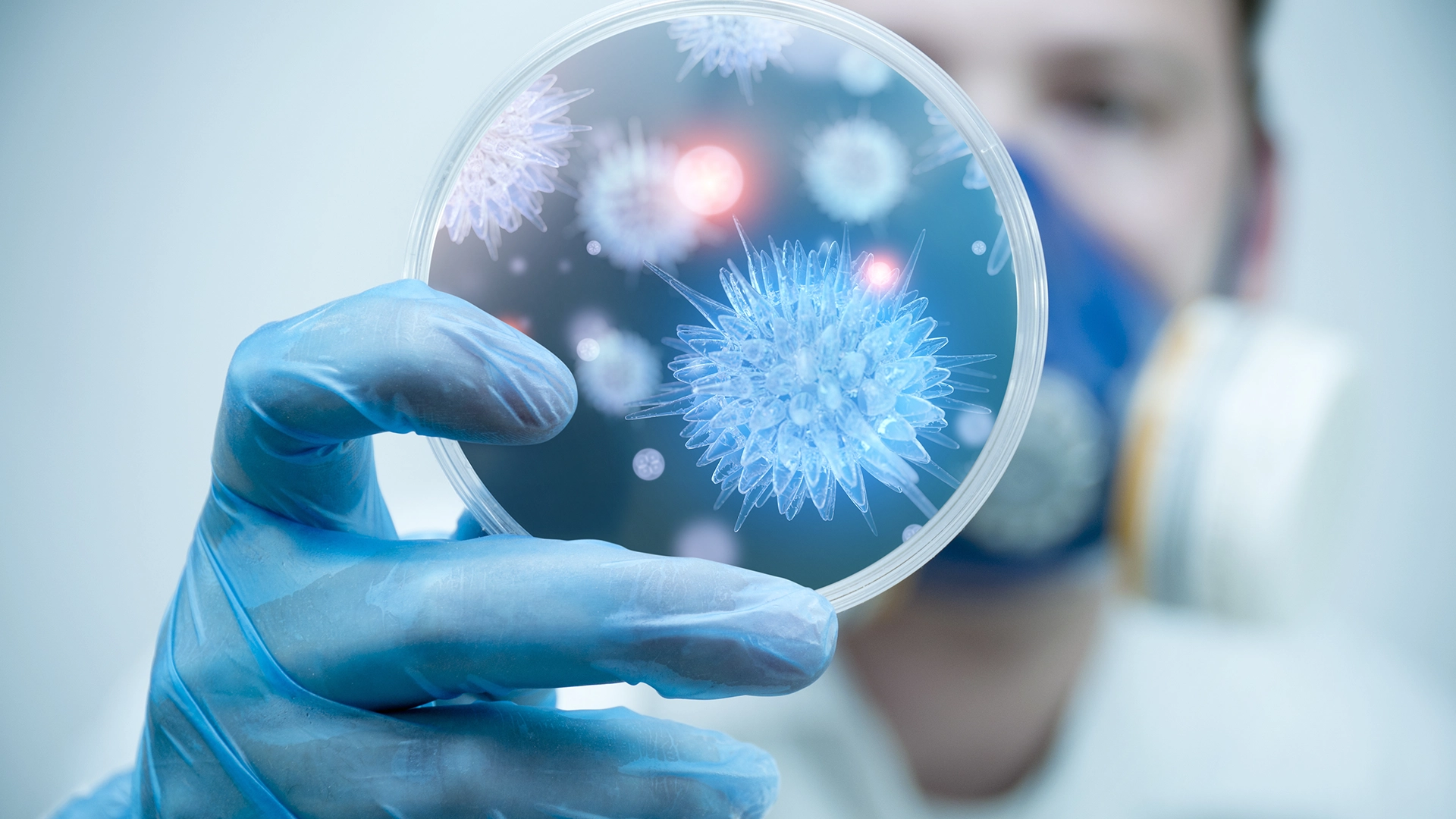 A scientist holding a petri dish with virus and bacteria cells