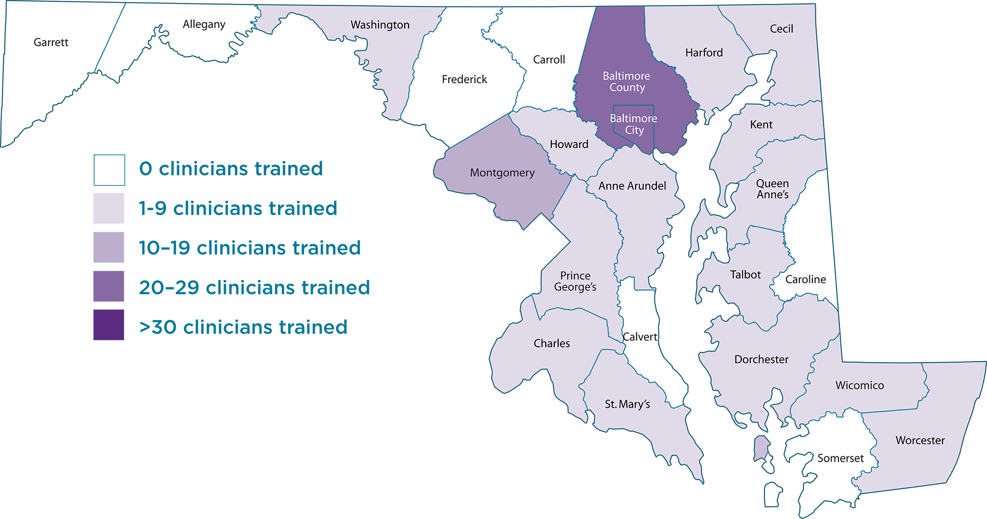 Clinical Providers Trained as of May 2026. 2 Maryland counties have between 20 and 29 clinicians trained, 1 county has between 10 and 19 clinicians, and 14 counties have between 1 and 9 clinicians.