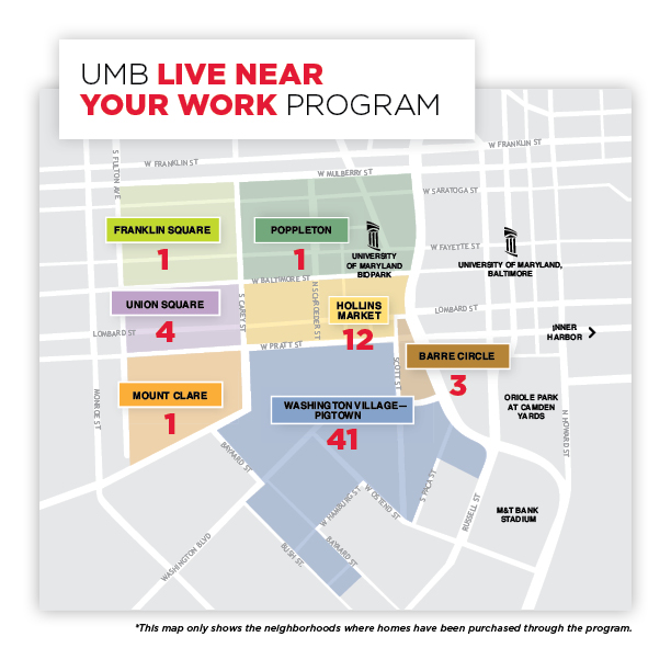 A map showing neighborhoods where homes have been purchased through the LNYW program: 1 in Franklin Square, 1 in Poppleton, 4 in Union Square, 12 in Hollins Market, 3 in Barre Circle, 1 in Mount Clare, and 41 in Washington Village - Pigtown