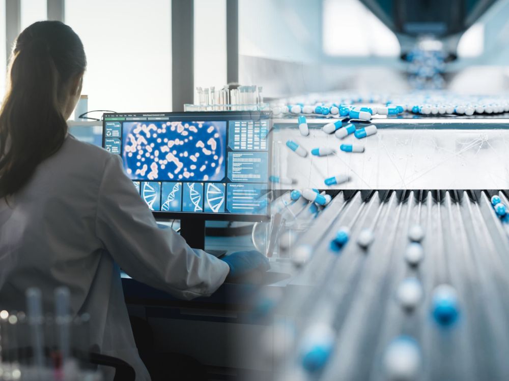 A photo of a woman working on a computer in a lab is merged with a photo of pills being sorted on a conveyer belt.