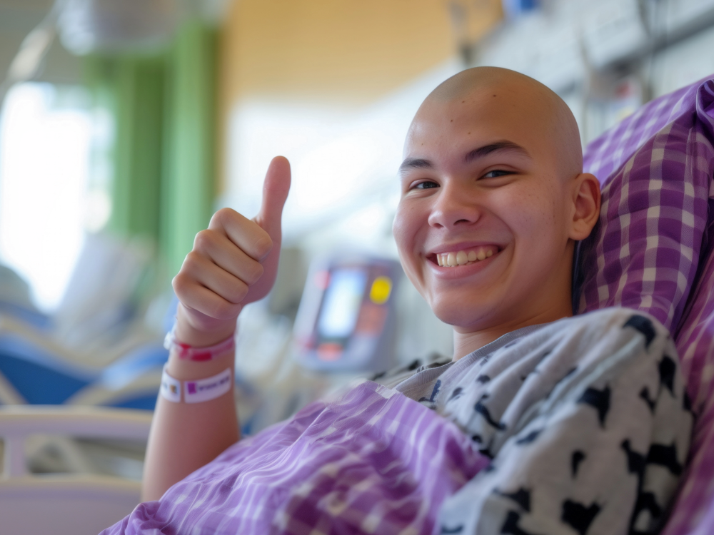 Teen cancer patient with shaved head in a hospital bed, smiling and giving a thumb's up.
