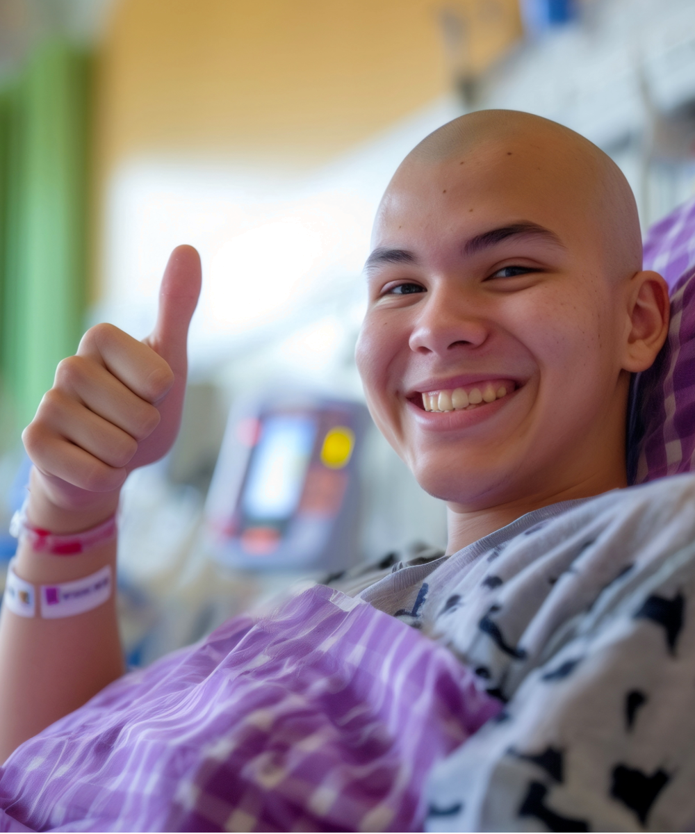 Teen cancer patient with shaved head in a hospital bed, smiling and giving a thumb's up.