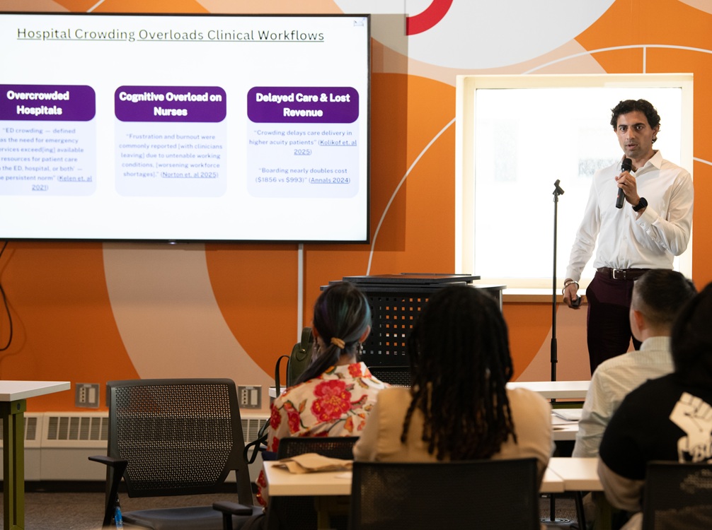 A student entrepreneur pitches their venture at Grid Pitch 2026.