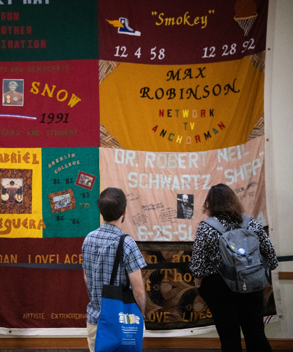 A block from the AIDS Memorial Quilt on display in the SMC Campus Center on Sept. 17, 2026.