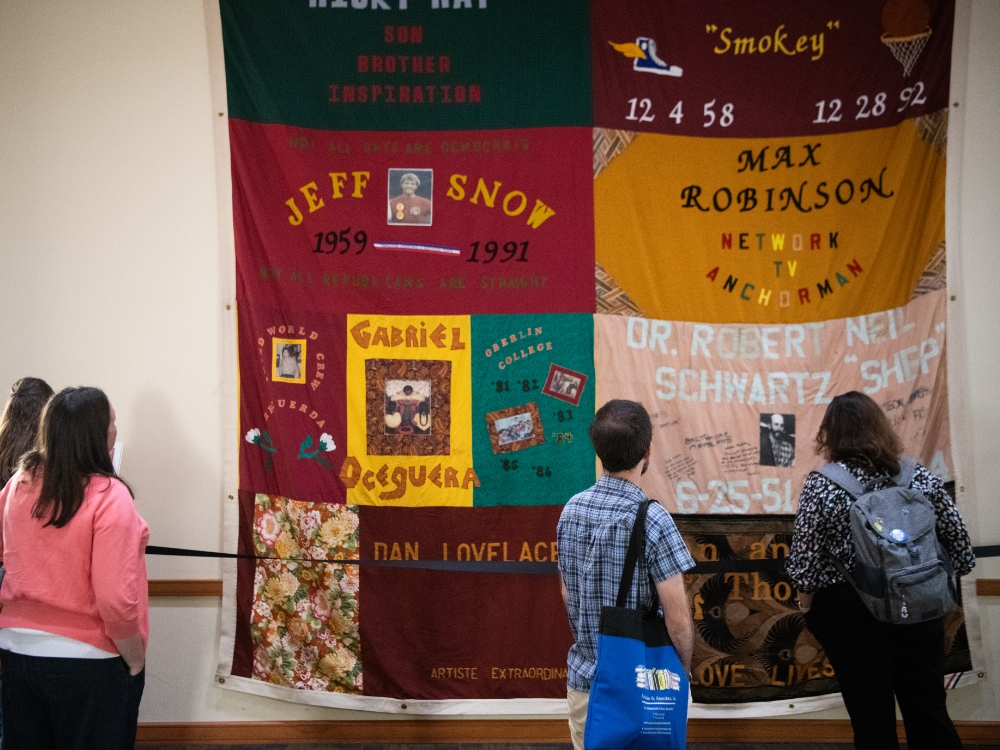 A block from the AIDS Memorial Quilt on display in the SMC Campus Center on Sept. 17, 2026.