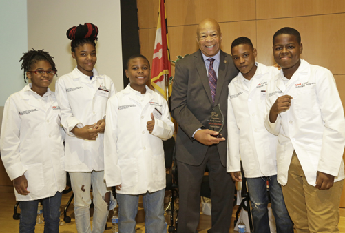 (l-r) ArMya Dennis, Melyssa Webb, Davion Hill, Rep. Elijah Cummings, Byron Green, and Shakeer Franklin