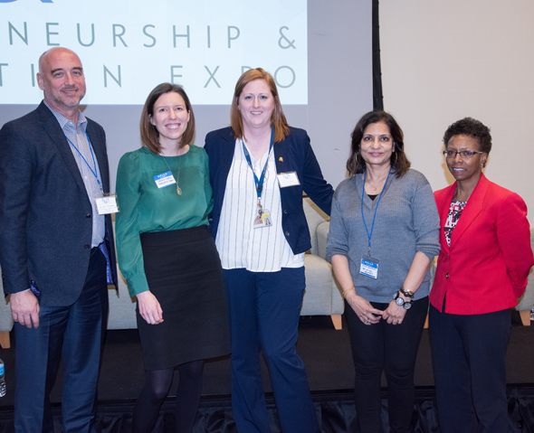 Panelists were, left to right, Scott Thompson, PhD; Jenny Owens, ScD, MS; Sara Menso, MBA, MS; Rana Quraishi, PhD; and Natalie D. Eddington, PhD, FAAPS, FCP. 