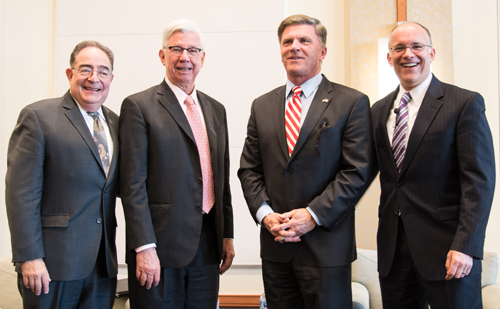 Left to right, President Jay A. Perman, MD; former Maryland governors Parris N. Glendening, PhD, MA, and Robert L. Ehrlich Jr., JD; and Maryland Matters senior reporter Bruce DePuyt, moderator. 