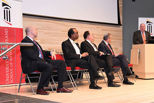 Maryland Gov. Larry Hogan (right), who in 2015 received treatment for lymphoma at the University of Maryland Medical Center, spoke at the ceremonial opening of the Fannie Angelos Cellular Therapeutics Laboratory held by the University of Maryland School of Medicine on April 30, 2018.