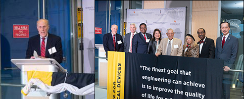 University of Maryland, Baltimore Provost Bruce Jarrell and, from left to right, Jarrell with Fischell Institute Director William Bentley; Clark School Dean Darryll Pines; University of Maryland, College Park Provost Mary Ann Rankin; Robert E. Fischell and Susan Fischell; School of Medicine Dean E. Albert Reece; and Maryland Deputy Secretary of Commerce Benjamin Wu. Photo by Thai Nguyen, Universit