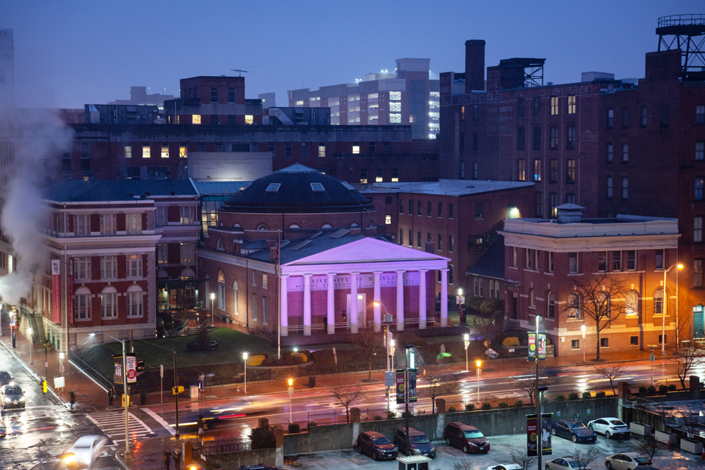 UMB's iconic Davidge Hall is bathed in purple light.