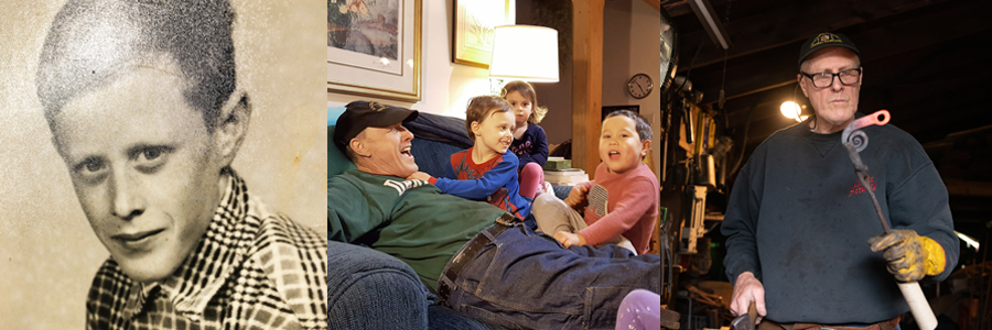 (l-r) Bruce Jarrell in middle school in Caroline County, at home with grandchildren today, and in his ironworking shop