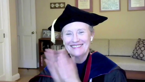 University of Maryland School of Nursing Dean Jane M. Kirschling overseeing a virtual commencement ceremony in May 2021.