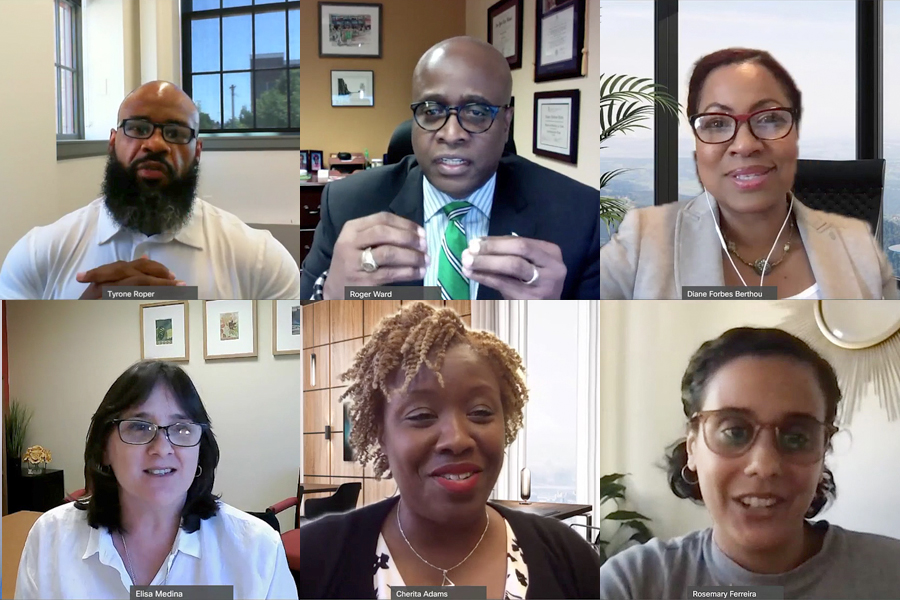 (clockwise from top left) Tyrone Roper, Roger Ward, Diane Forbes Berthoud, Rosemary Ferreira, Cherita Adams, and Elisa Medina