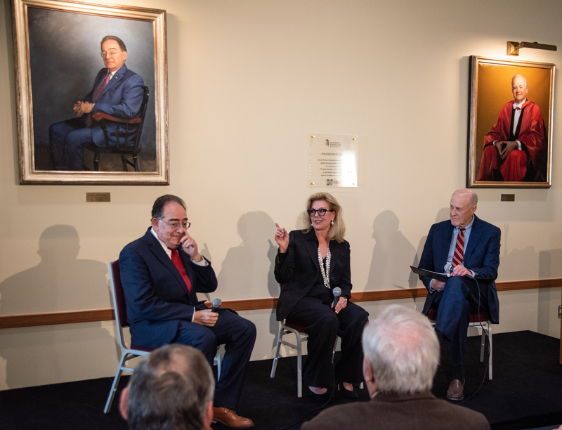 (l-r) Jay Perman, Jacqueline Jasper, and Bruce Jarrell discuss the making of former President Perman's official portrait.