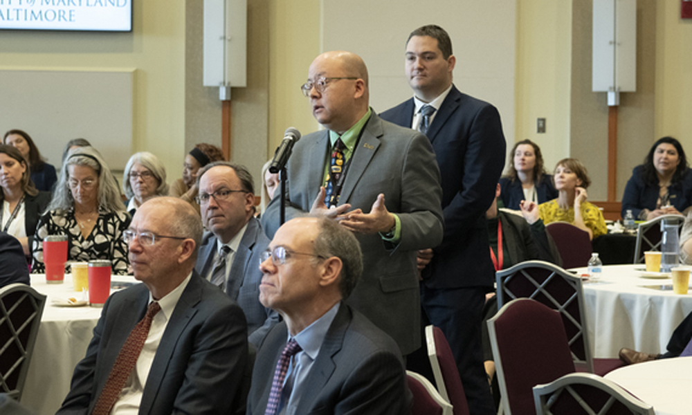 Graduate School Dean Kenneth H. Wong, PhD, asks a question during the Q&A session at the President’s Panel on Politics and Policy on Feb. 22.