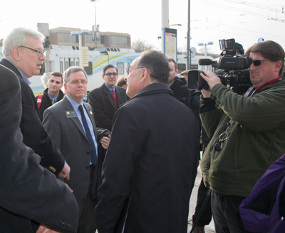 UMB President Jay A. Perman, MD, greets Maryland State Senator James Rosapepe and Delegate Eric Ebersole upon arrival at Camden Station.