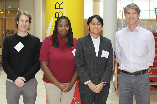 Caitlyn Singam (3rd from left) with (l-r) judges Ross Marklein, PhD, staff fellow with FDA; Lisa Jones, PhD, assistant professor; and Paul Shapiro, PhD, professor.