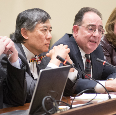 Wallace D. Loh, PhD, President of the University of Maryland, College Park, listens as Jay A. Perman, MD, president of the University of Maryland, Baltimore, testifies to a committee of the Maryland General Assembly regarding the progress of MPowering the State.