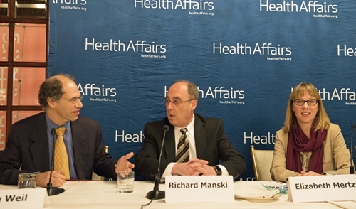 Professor Richard J. Manski of the UM School of Dentistry, center, joined panelists Alan Weil, editor of Health Affairs, and Associate Professor Elizabeth A. Mertz of the University of California, San Francisco at a briefing on oral health in Washington, D.C.      --Photo courtesy Health Affairs.