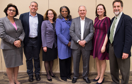 Speakers included Annamarie Lusardi of George Washington University, left; Eldar Shafir of Princeton University; Gerri Walsh of FINRA Foundation; Karen Gibbs, moderator; Sheldon Caplis of OneMain Financial; Robin McKinney of  Maryland CASH Campaign; and SSW Dean Richard Barth, president, American Academy of Social Work and Social Welfare.