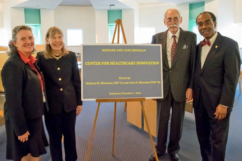 From left, University of Maryland School of Nursing Dean Jane M. Kirschling, Jane Sherman, Richard Sherman, and University of Maryland School of Medicine Dean E. Albert Reece.