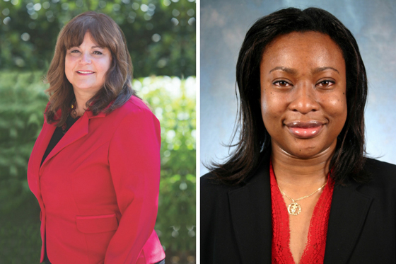 University of Maryland School of Pharmacy faculty members Magaly Rodriguez de Bittner, PharmD, FAPhA, professor in Pharmacy Practice and Science and associate dean for clinical services and practice transformation, left, and Ebere Onukwugha, MS, PhD, associate professor in Pharmaceutical Health Services Research.