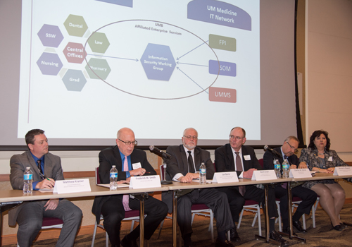 Representatives of the UMB Security Collaborative, (l-r) Matthew Kramer (FPI), Frederick Smith (UMB), John Burns (UMMS), Kevin Crain (UMMC), Charles Henck (FPI), Sharon Bowser (School of Medicine). Behind them a chart shows the interconnections between agencies.