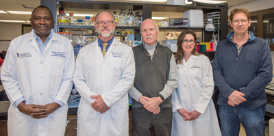 (l-r) Flaubert Tchantchou, PhD; Gary Fiskum, PhD; William Fourney, PhD; Julie Proctor, MS; Ulrich Leiste, PhD