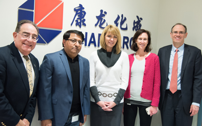 Maryland Commerce Secretary Kelly Schulz toured the UM BioPark in February 2019. Pictured (l-r) UMB President Jay A. Perman, Ashok Tehim, senior vice president, Pharmaron; Maryland Commerce Secretary Kelly Schulz;  Bridget McMahon, director of clinical operations, Pharmaron; James L. Hughes, UMB chief enteprise and development officer and senior vice president.
