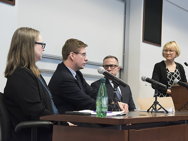 L-R Trudy Henson, JD, Public Health Program director, CHHS; Peter Danchin, JSD, LLM, professor of law and director, International and Comparative Law; David Marcozzi, MD, associate professor and associate chair of Population Health at the School of Medicine; and Diane Hoffmann, director of the Law and Health Care Program and Jacob A. France Professor of Health Care Law.