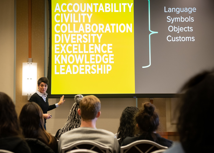 Ashley Finley, PhD, the senior advisor to the president and vice president of strategic planning and partnerships at the Association of American Colleges & Universities, speaks about balancing culture and strategy when it comes to UMB's Core Values.