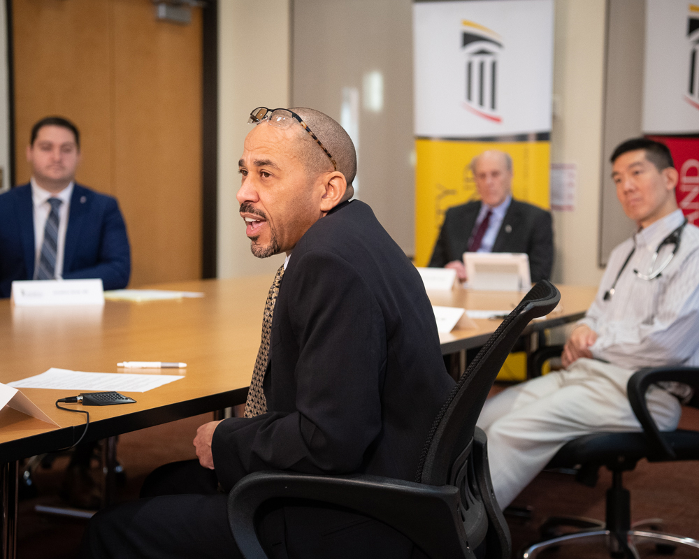 Panelists participate in a virtual town hall about the University of Maryland, Baltimore's response to the coronavirus pandemic.