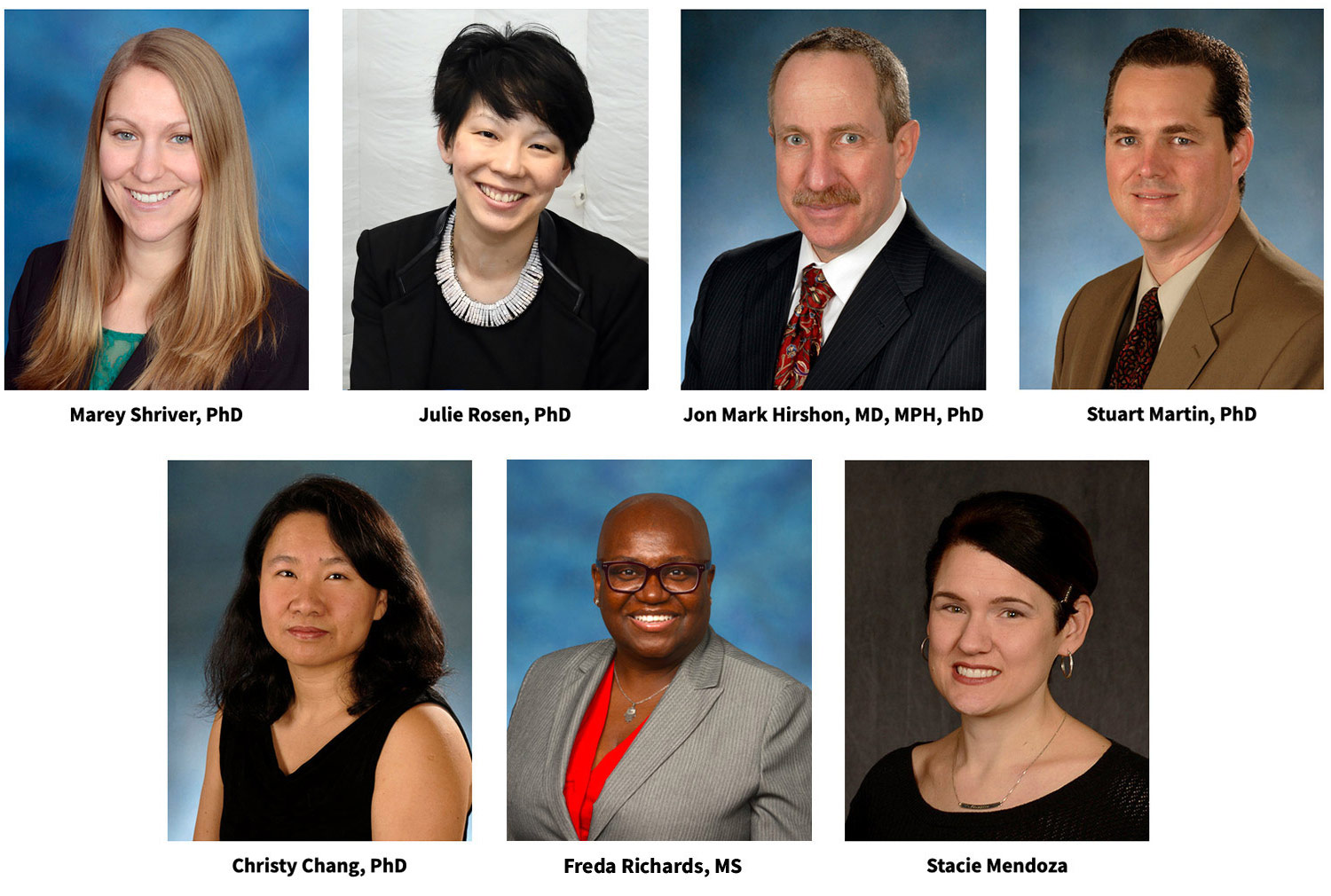 CARTI faculty and staff include (L-R) Marey Shriver, PhD; Julie Rosen, PhD; Jon Mark Hirshon, MD, MPH, PhD; Stuart Martin, PhD; Christy Chang, PhD; Freda Richards, MS; and Stacie Mendoza.