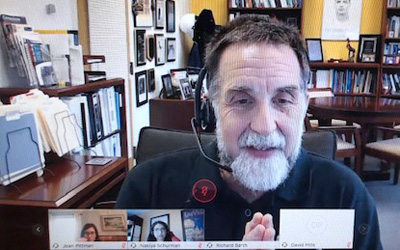 Richard P. Barth, PhD, MSW, dean of the School of Social Work, speaks to students via Webex technology during a virtual town hall on March 23, 2020. 