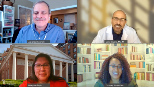 Clockwise from top left, Alex Likowski, executive director of media relations for UMB; Mario Majette, MD, MPH; Courtney Jones Carney, MBA; and Milagritos Tapia, MD.