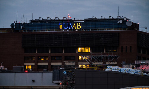 A sign atop the Bressler Research Building on the University of Maryland, Baltimore campus displays blue and yellow, the colors of the Ukrainian flag, as a gesture of solidarity.