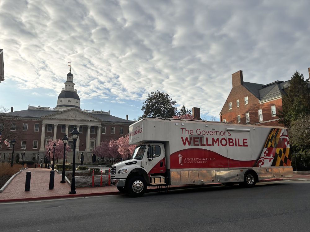 The Governor's Wellmobile is parked in front of the Capitol in Anapolis, Maryland.