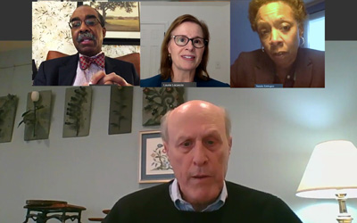 Panelists for the virtual town hall on research were (top, l-r) E. Albert Reece, dean of the University of Maryland School of Medicine and executive vice president of medical affairs, UMB; Laurie Locascio, vice president for research, University of Maryland; and Natalie D. Eddington, dean of the University of Maryland School of Pharmacy. Bottom: UMB Interim President Bruce E. Jarrell.