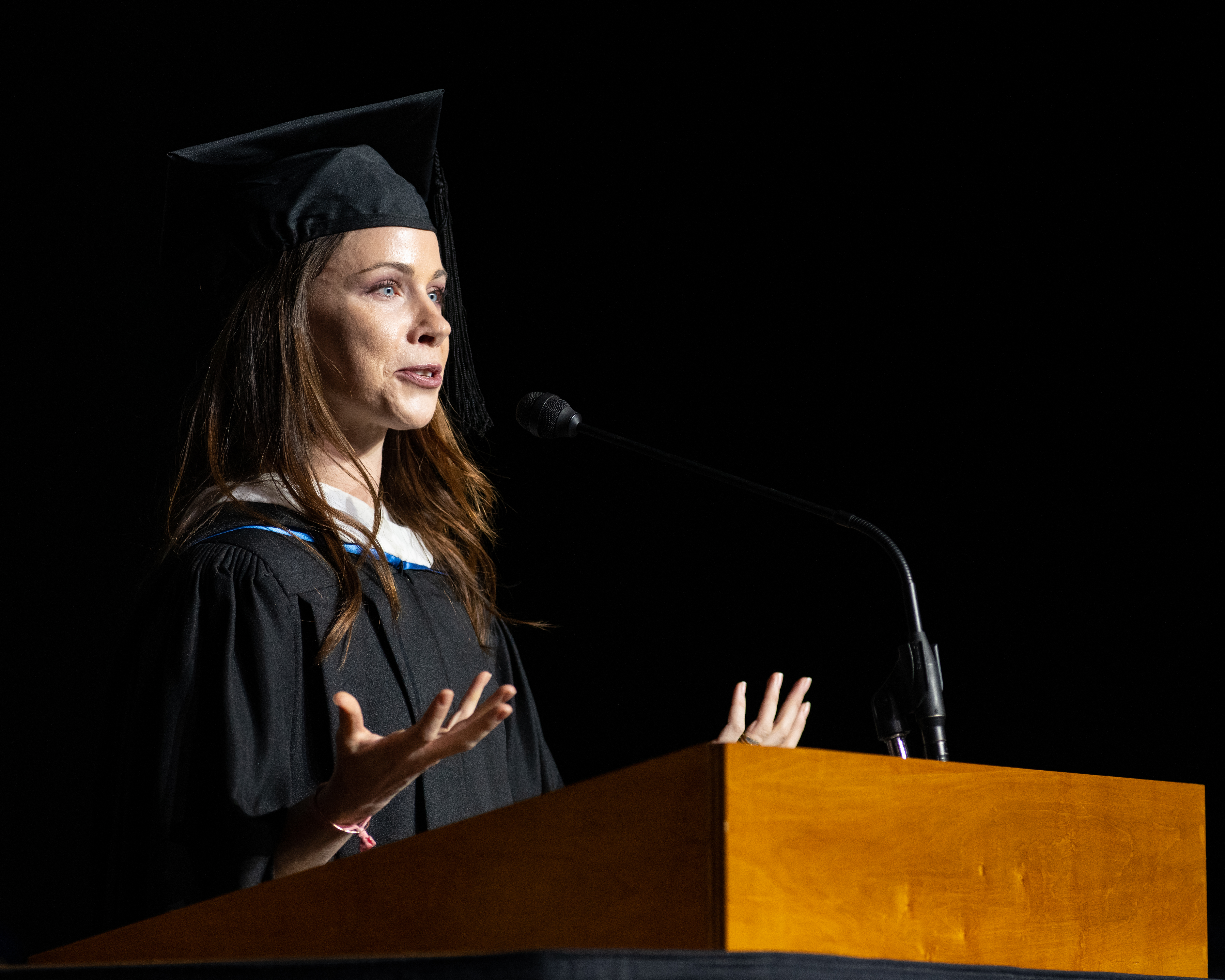 Barbara Pierce Bush, co-founder and board chair of the nonprofit Global Health Corps, delivers the keynote speech to the University of Maryland, Baltimore's 2019 graduates at the universitywide commencement ceremony.