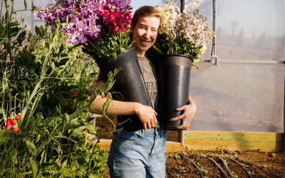 Laura Beth Resnick, owner of Butterbee Farm, with her blooms. Photo: Julie Hove Andersen Photography