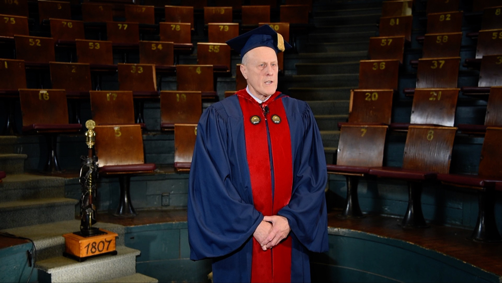 University of Maryland, Baltimore Interim President Bruce E. Jarrell, MD, FACS, delivers his virtual commencement address in historic Davidge Hall.