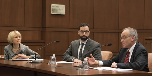 (L to R) Diane Hoffmann, JD, director, Carey Law and Health Care Program; William Padula, PhD, MS, MSc, Johns Hopkins Bloomberg School of Public Health, and Frank Palumbo, JD, PhD, executive director, Center on Drugs and Public Policy, University of Maryland School of Pharmacy. 