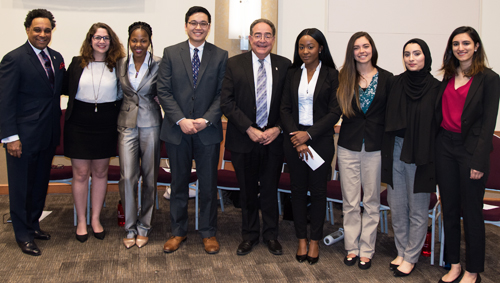 The 2017-2018 President's Fellows pose with President Jay A. Perman, MD. (L-R) Sheridan Todd Yeary, Alexandra Huss, Esther Kimani, Wesley Chan, Nana Akua Tufuoh, Molly Crothers, Saniya Chaudry, and Rhiya Dave.