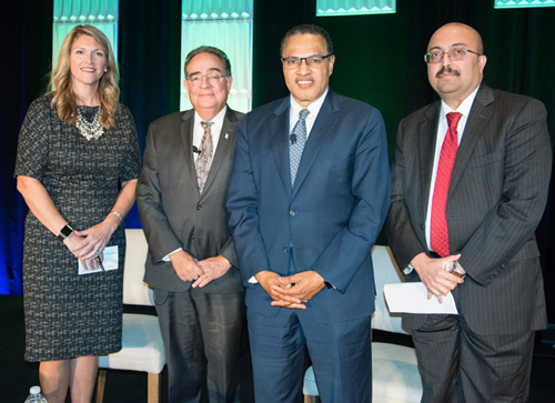 (From left) Nicole Palya Wood, senior regional director for state advocacy, PhRMA; Jay A. Perman, MD, president, UMB; Freeman Hrabowski, PhD, president, UMBC; Sunil Kumar, provost and senior vice president for academic affairs, Johns Hopkins University. 