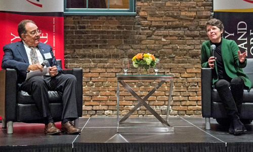 University of Maryland, Baltimore President Jay A. Perman, MD, and award-winning author Alice McDermott share a conversation before an audience of UMB alumni.