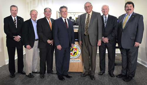 (l to r) Jim Holzapfel, campaign vice-chair and member of the University System of Maryland (USM) Board of Regents; Don Bowman, donor; University of Maryland, Baltimore President Jay A. Perman; Frostburg State University President Ronald Nowaczyk; Lee Stine, donor; James Brady, chair, USM Board of Regents; and Mark Halsey, executive director, University System of Maryland at Hagerstown.